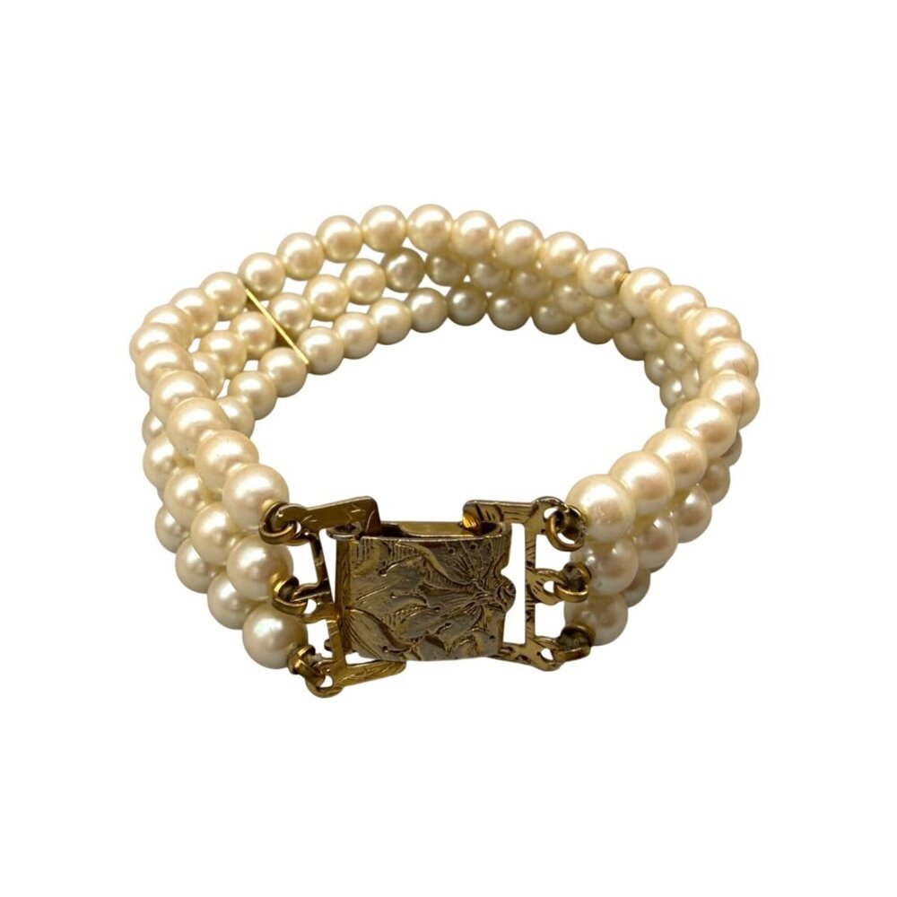 Vintage Bracelet 3-Strand Faux Pearl Classic 50s Gold Tone 7 inches